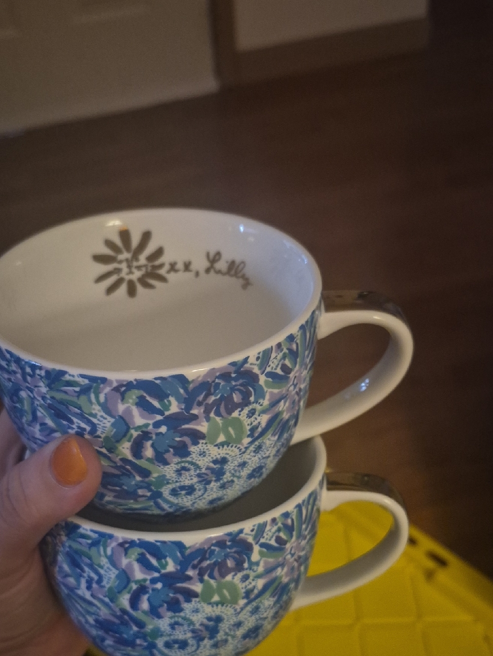 Lilly Pulitzer Blue, Green and White Floral Ceramic Mugs - Pair